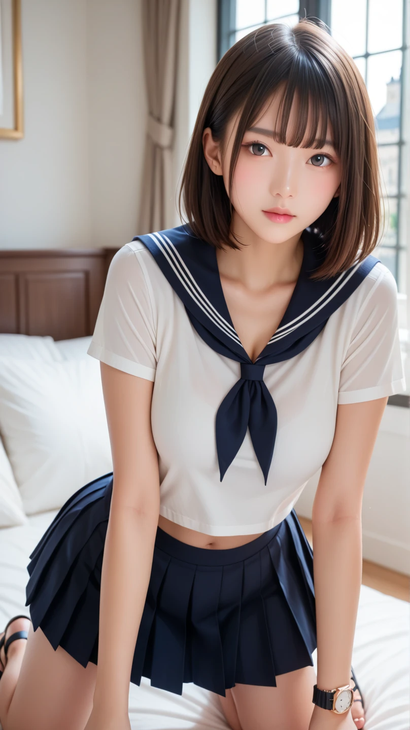 middle School girls、15 years old、((school uniform、Summer sailor uniform))A pure and beautiful girl、((Open legs to show white panties))、Sit on a chair with open legs、In the classroom、