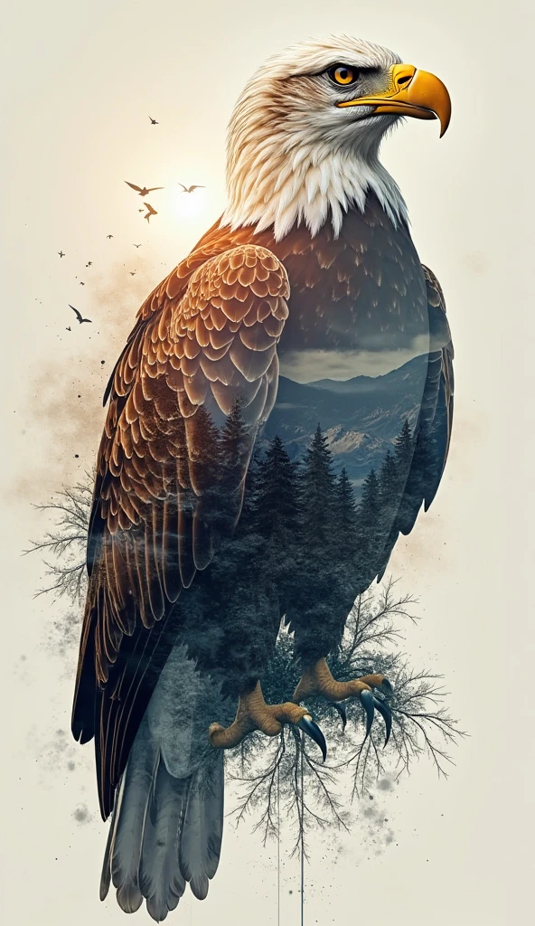 "Double exposed full body portrait of an insanely majestic bald eagle with american landscape and luminous american landscape", JK Russ Mills, CGSociety, Minjae Lee Chalida Mingmalee, Anna Dittmann, Jordan Grimmer, Splash Art, Reverse Graffiti, by Alex Maleev, Yoji Shinkawa 88 light brown, blue and brown details|