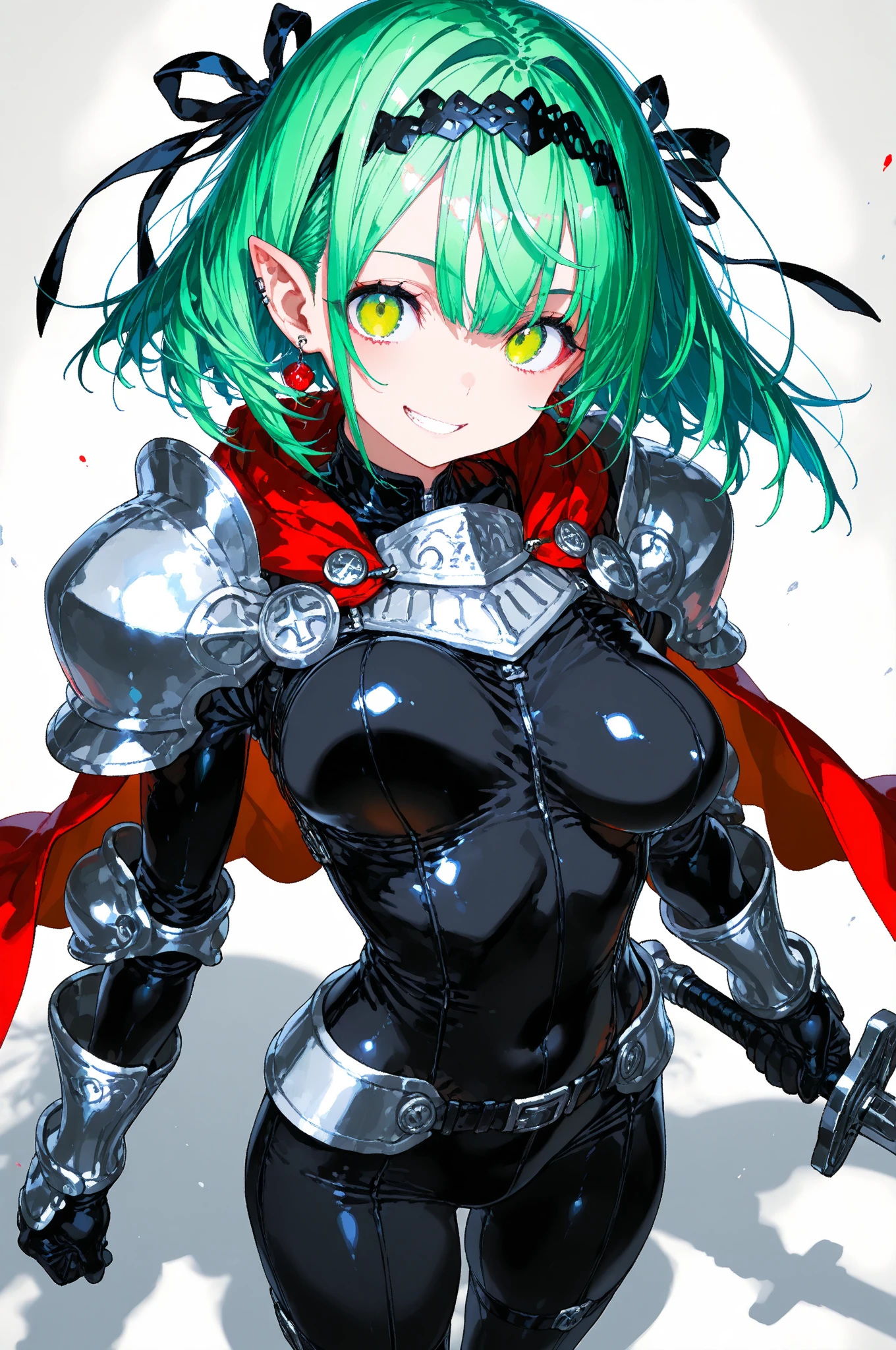 Short green hair,red eyes,Girl,Black armor,magic sword