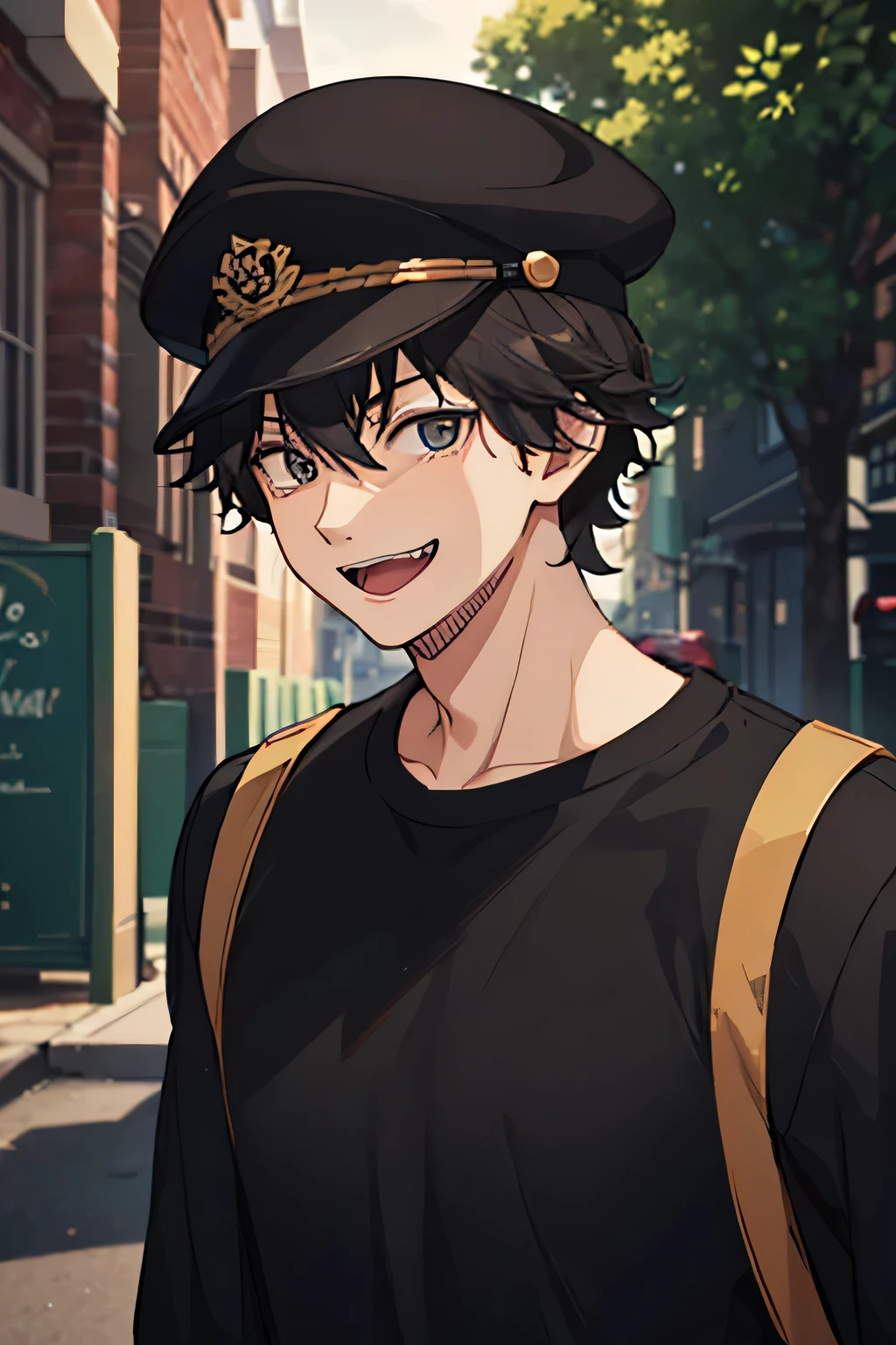 19 year old man, Indonesian, genius, a criminal, not too tall body around 170 cm, black hair, slightly curly hair, black eye color, evil laughing face, wearing a brown flat cap, wearing a black overall men jumpsuit, white t-shirt, facing forward, looking forward, half body, hd