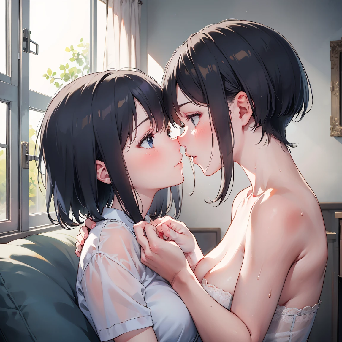 Lesbian couple(Having ),ショートヘアと白のsummer knit, summer knit, Short hair, short hair with bangs, Cute face girl, Cute little face in portrait, French Bob, pale fair skin!!, short brown hair and large eyes, soft portrait shot 8 k, beautiful light big eyes, Beautiful young girl, Young girl in a bob cut, Top image quality, masutepiece, Notes of Leonardo da Vinci da Vinci, Set against the backdrop of Leonardo da Vinci's manuscripts,See-through gowns,Chest exposed,girl woman hug,time々barechested,Two people kissing.Touching the chest,Kiss on the chest,Licking the nipples，Insert your finger into the crotch，oral ，intense oral ，urinate、Scream，me soaking wet，masturbation，Vibrator，open one's legs,レズビアンoral ,licking,