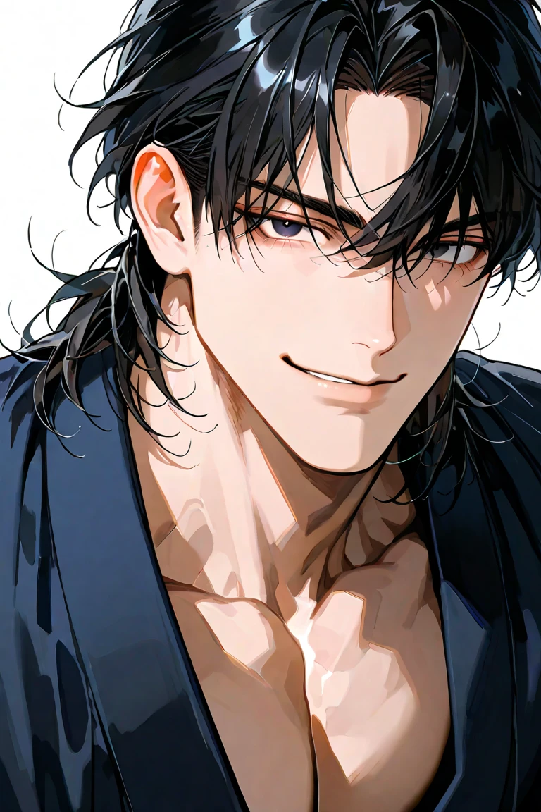 Draw a character in animated art style, with a vibrant and expressive appearance. The character must have exaggerated characteristics, like big, expressive eyes, a subtle and fun smile, and a straight posture. The background should be simple and not distract from the main figure. The character must be from the Kimetsu no Yaiba universe/Demon Slayer, black short hair, blue colored eyes. , angle from above, animated cartoon, beautiful drawing. thin chin, thin chin, thin chin, thin chin, thin chin thin chin