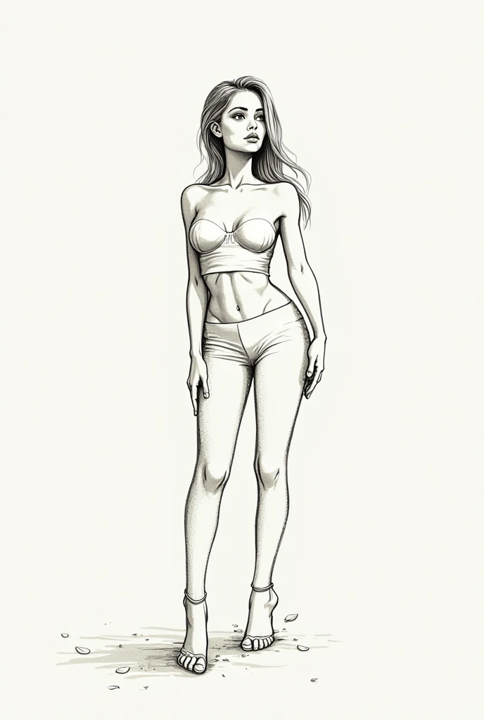 Coloring book for adults. Only black and white. low detail only main line. gorgeous, beautiful, sensual and erotic woman with medium breasts. The breasts are covered by transparent bra. (very tight clothes detailing all your body). white background. white colors. full body view of blonde woman, drawing, xyzsketchstyle, (Ultra detailed:1.3) ((((best quality))).
