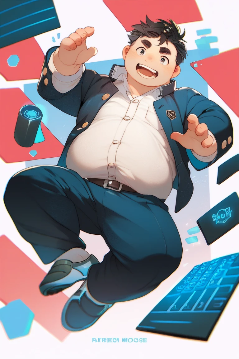 Full Body Blue, Body Noise-Sensing, Looks like a Computer Folder, Wearing School Uniform,  chubby , cute, Belly Large to Exposed Clothes,  Full body , The buttons on the clothes have come off