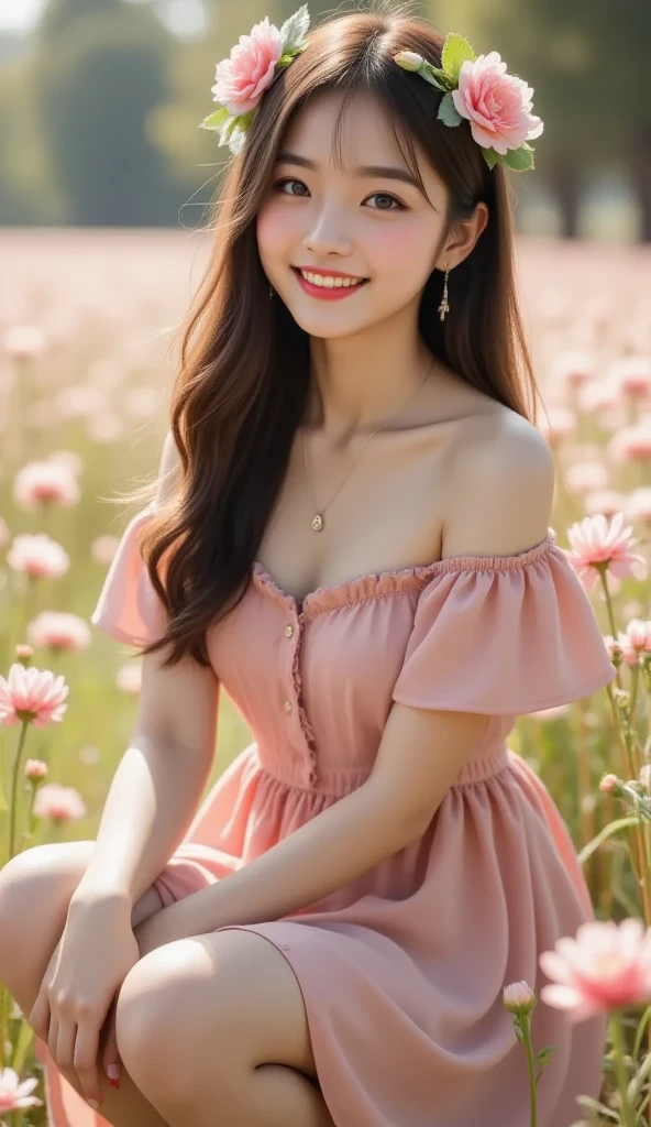top-quality、masterpiece、超A high resolution、(Photorealsitic:1.4)、Raw photo、1人、Colossal tits、pink dress、off shoulders、flower field、glistning skin、lightsmile