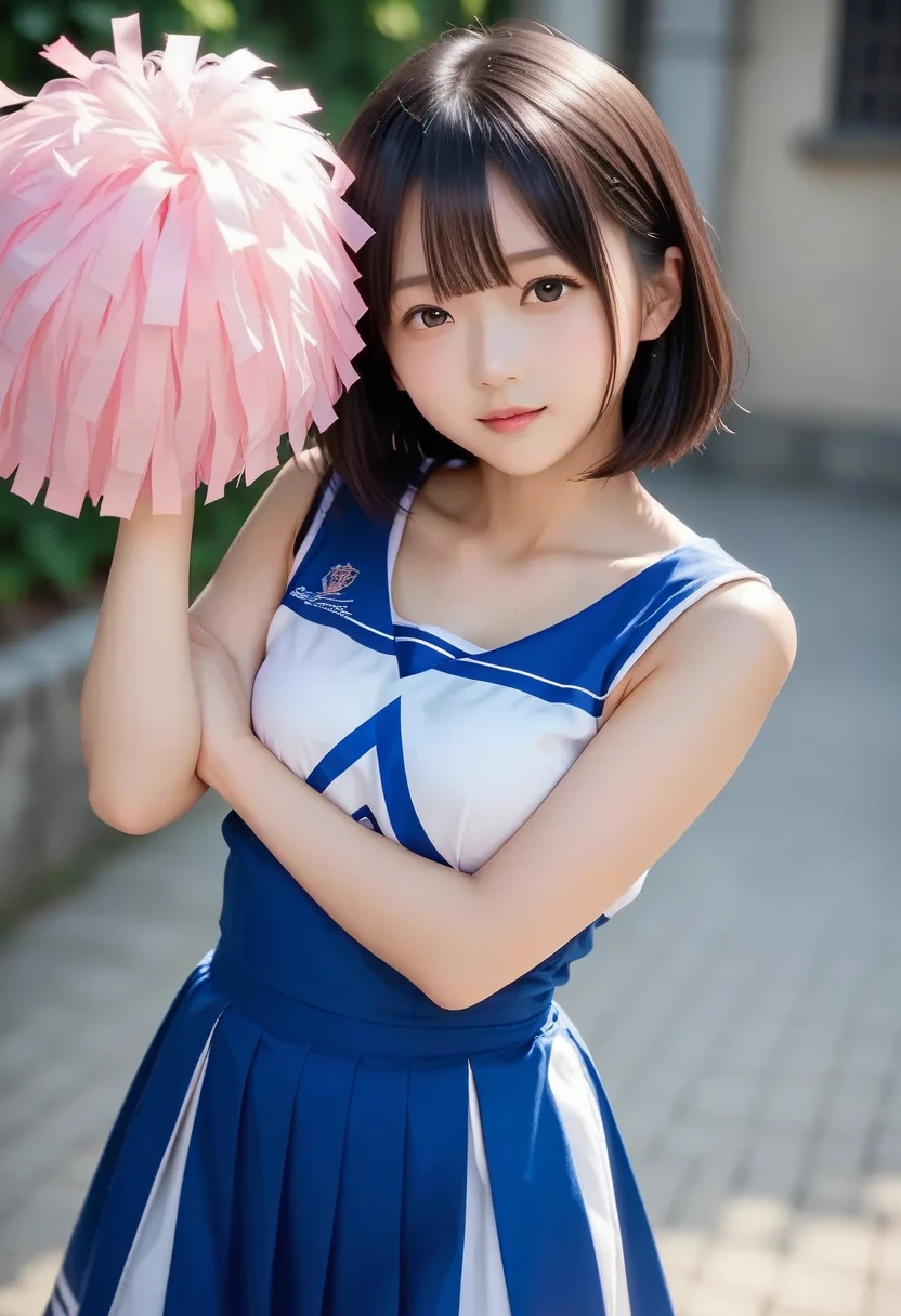 (masterpiece, highest quality:1.4), Award-winning portraits, 8k, 85mm, alone, Beautiful Face, Delicate girl, (Cheerleader、On the grass), Sophisticated, cute, 15 years old, RAW Photos, Confused, High resolution, Sharp focus, Background blur、(((Flat 、thin and delicate body、Childish atmosphere)))、shiny semi-long hair、ponytail、Mole on the left cheek、 Dark blue eyes、High Kick、the skirt is swaying in the wind、Hair swaying in the wind、sexy、Flexible legs