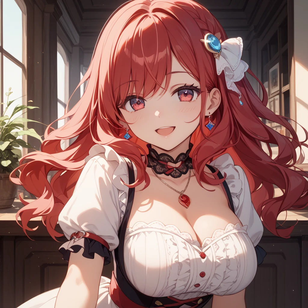 1girl, solo, small breasts, looking at viewer, smile, hair ornament, cleavage, dress, bare shoulders, jewelry, collarbone, upper body, red hair, flower, teeth, solo focus, hair flower, necklace, blurry, strapless, tattoo, depth of field, blurry background, (realistic:1.3) crowd, (in a medieval tavern:1.1), 8k, cinematic, fantasy, renatadaninsky