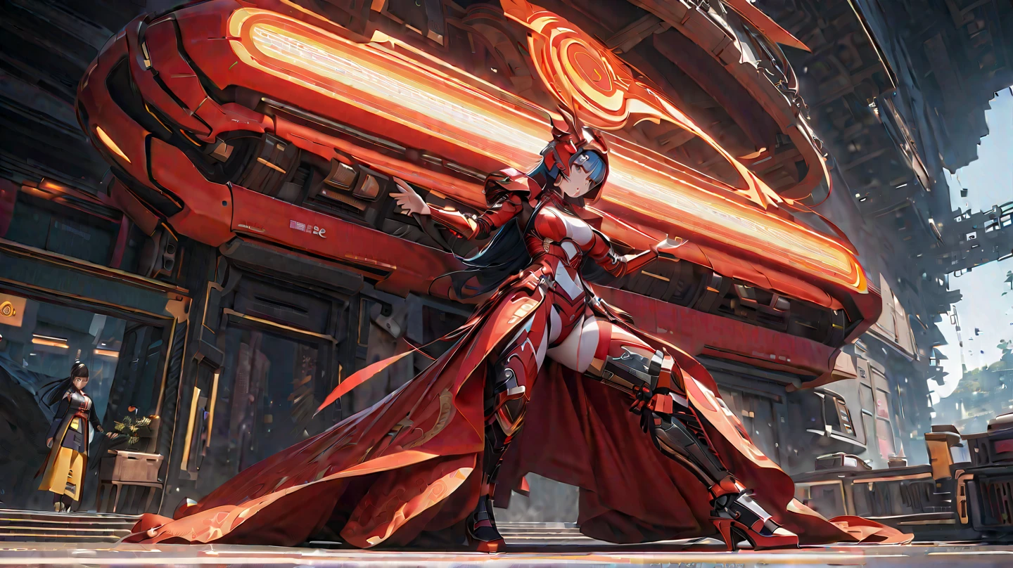 red messy hair, red armor with yellow highlights and underboob, bright red wings, red double saber, stern face
