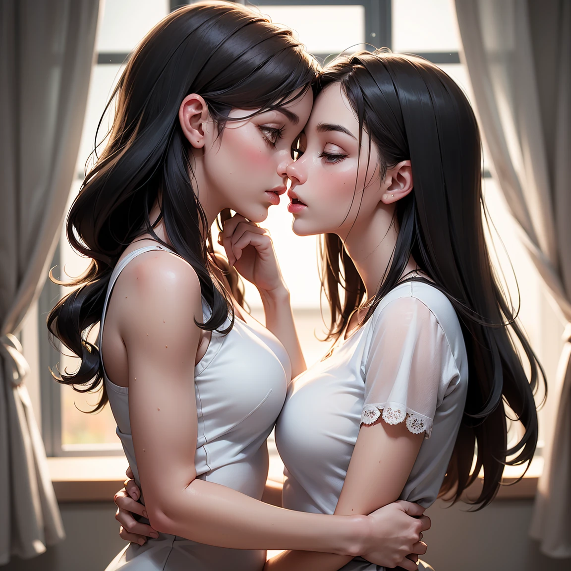 Amazing portrait of a sexy woman kissing and making out with a shirtless boy with her glossy red lips while wearing a sheer white shirt that reveals the red lacy lingerie that she's wearing underneath the shirt in a dimly lit room with one lamp giving off warm lighting