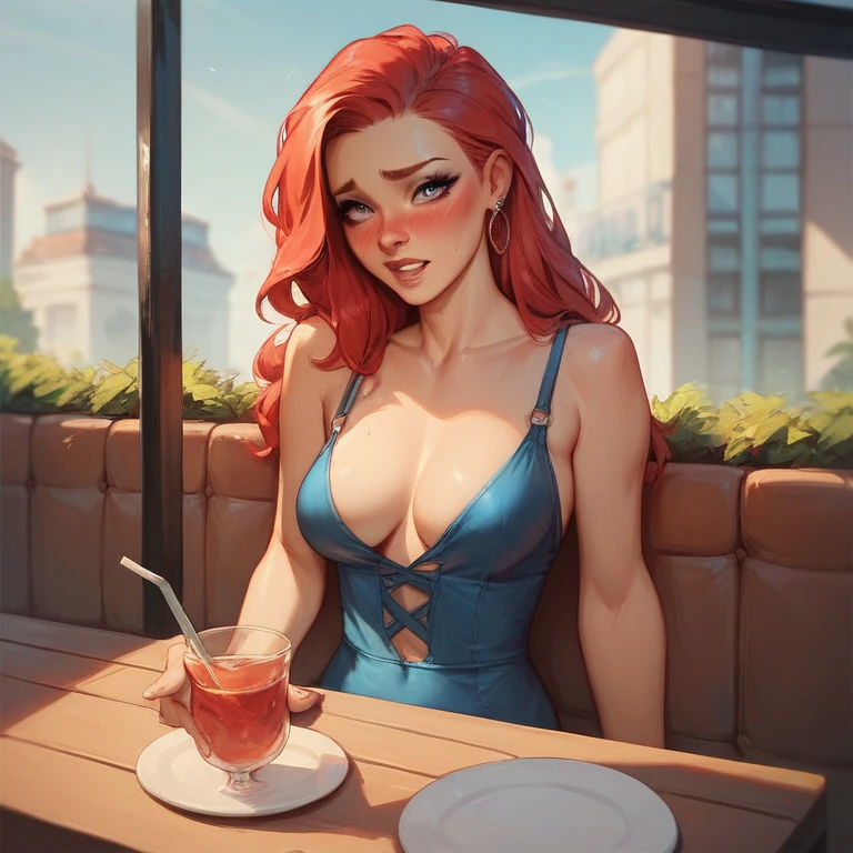 A girl in an elegant turquoise dress is sitting at a table. she has braids and red hair. busty. a garden at night. comic style. imagem HD. quadrinhos da marvel. front pose