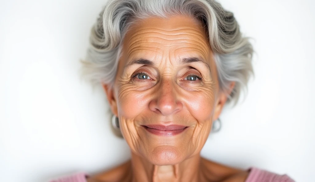 Happy beautiful elderly woman in bra with gray hair with wrinkles on face, with firm breasts, is in the kitchen