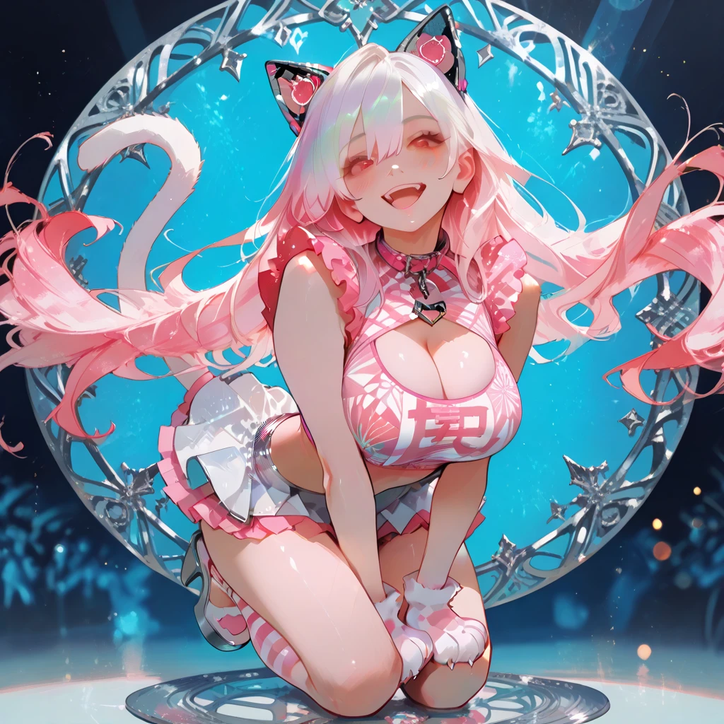 The upper part of the body、one girls、i have silver hair color、Two-tone、(Pink Highlight Hair、Curly hair/Fox ears、very Bigger breasts、whore、kimono with fur、has a tail、off shoulders、Has a shining wand、Countless glowing spheres float、Glowing soap bubbles、all-fours、top down、hips up high、fuck behind、Butt angle