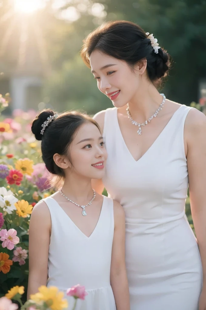 (((8k))),((Extremely meticulous CG)) ,(wallpaper),(Portrait above the chest:1.5),16k,((Extremely refined and beautiful)),(((Masterpiece))),(((best qualtiy))),(((Ultra High Resolution))),beautiful light up,realistic shaded,(Smooth and flawless fair skin:1.5),(pale skin:1.3),(Extremely exquisite facial details:1.2),(perfect body:1.2),(ultra-detailed:1.2),(30-year-old mother and 2-year-old daughter:1.5),(woman and little baby:1.5),(small head:1.2),(medium straight bob hair:1.2),(bangs:1.5),(small face:1.2),(baby face:1.3),(Exquisite makeup:1.2),(((slim,thin))),(happy:1.2),(laughing:1.2),(earrings:1.2),(crystal necklace:1.3),(collar:1.3),(pink dress:1.5),(sleeves:1.3),(day scene:1.5),(indoor:1.2),(in the living room:1.5),(detailed background:1.5),(standing:1.3),(arms behind back:1.3),(close-up of face:1.3),(from front:1.3)