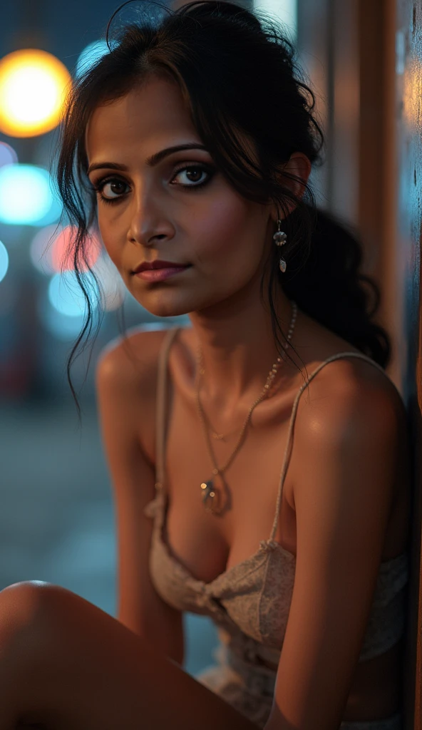 NSFW, Foto RAW, um retrato de uma linda mulher de 20 anos, noite, rua da cidade, (pele altamente detalhada: 1.2), 8k uhd, dslr, soft-lighting, alta qualidade, grain of film, Fujifilm XT3