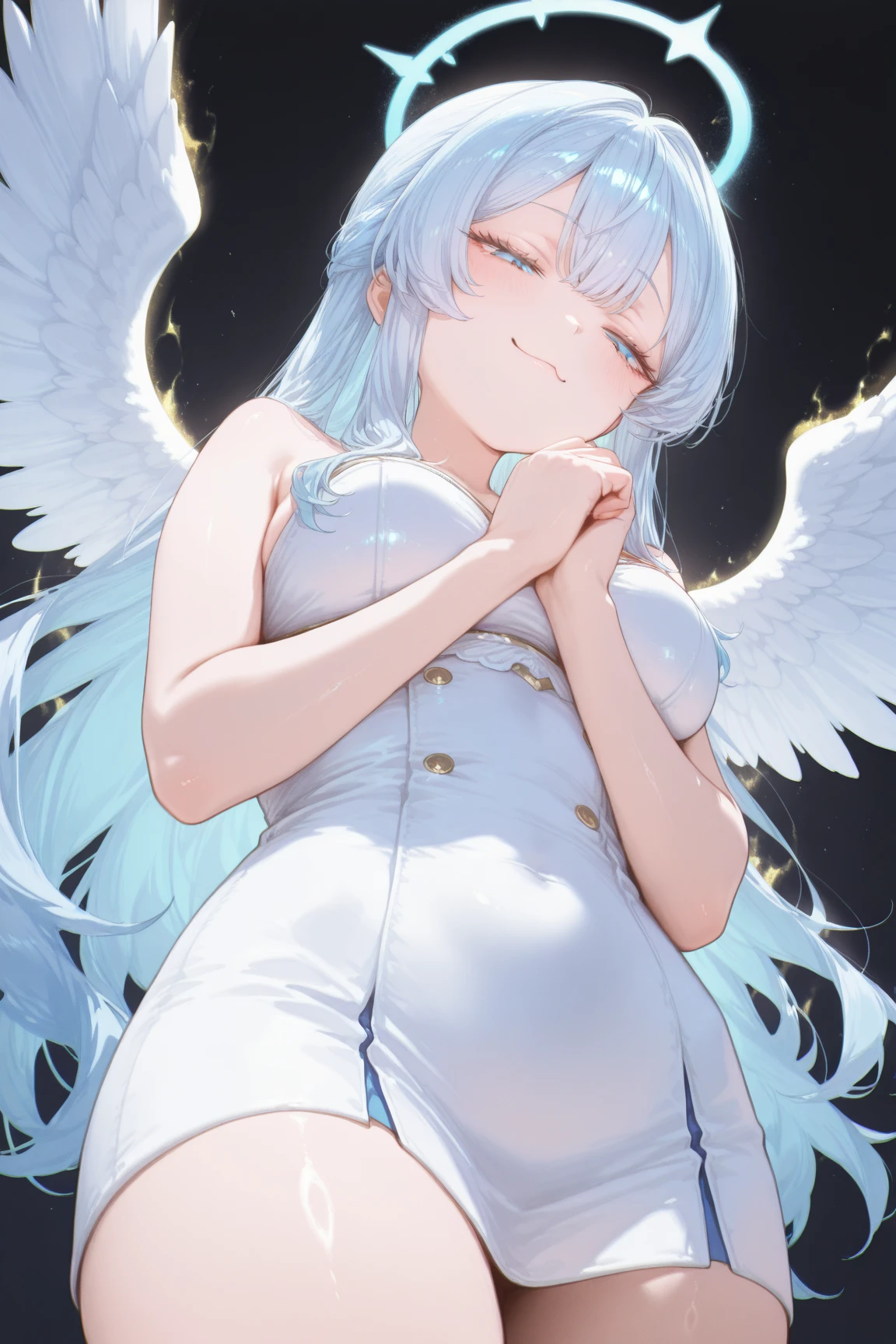 beautiful, masterpiece, Highest quality, anime, One girl, C Cup,Portrait Shot, View your viewers, Intricate details,>,((Covered、Short Hair、nearby、Blue Eyes、art、、White hair,Blue streaked hair、wallpaper、、white_Silk gloves、hairpin、smile、Nipples、Angel、Thighs、Halo、Lying on your back、lotion