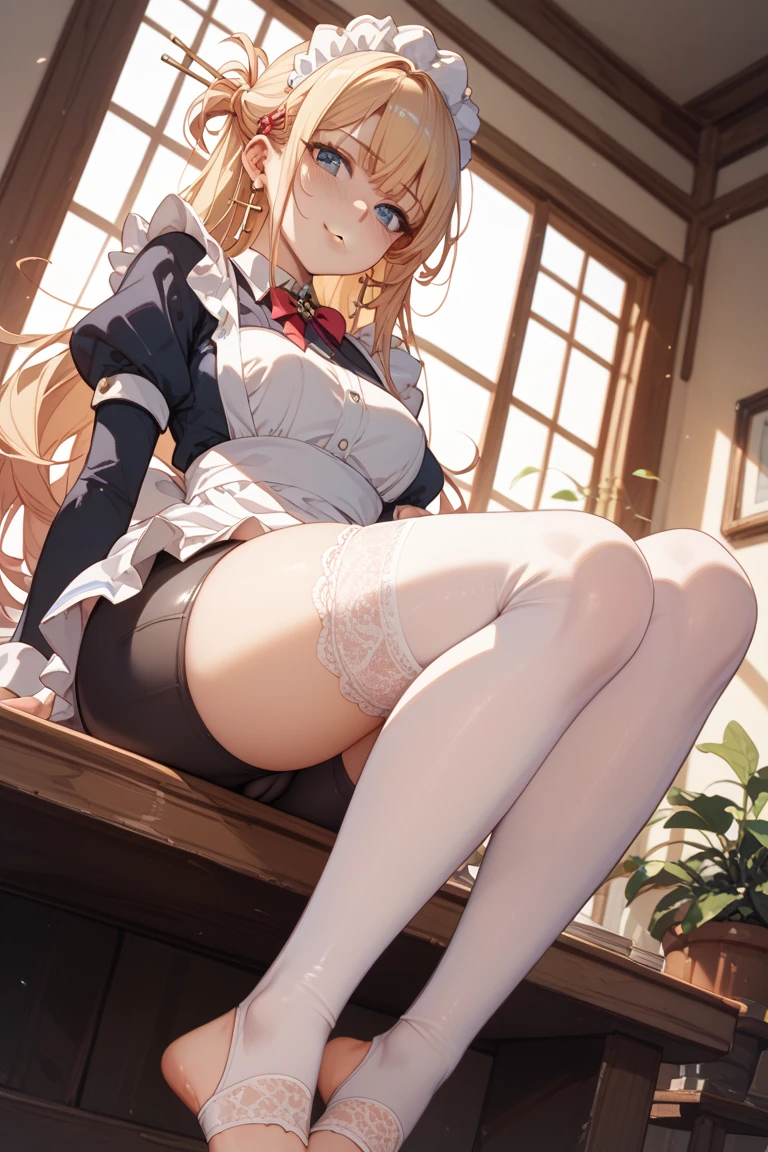 finest, masterpiece, High resolution, (Full body view from head to toe), front, frontやや下からの構図, Symmetrical, 18 year old tall girl, alone, (whole body from head to toe), (small breasts), messy hair, bangs, (black tights), (black pantyhose), (sitting with legs spread apart), (squating pose), (composition showing white panties), (Her legs are spread open and her white panties are visible.), made to sit with legs spread, (M-shaped legs), Slender legs, A very beautiful and tall 18 year old girl, (not wearing shoes), blush, shy big eyes, looking at camera