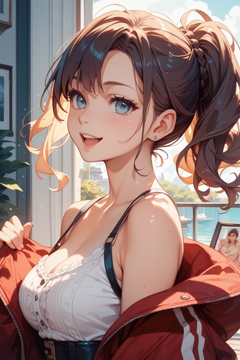 very detailed background, mesa, Best Quality, 1 woman, Alone, ((mesa, Best Quality)),better aesthetics, eye shadows, Wavy Red Hair, Brown eyes, loose hair , smile, by the wide, Curly hair, looking at the viewer, medium breasts, Brown hair, ripped red top, ripped shorts