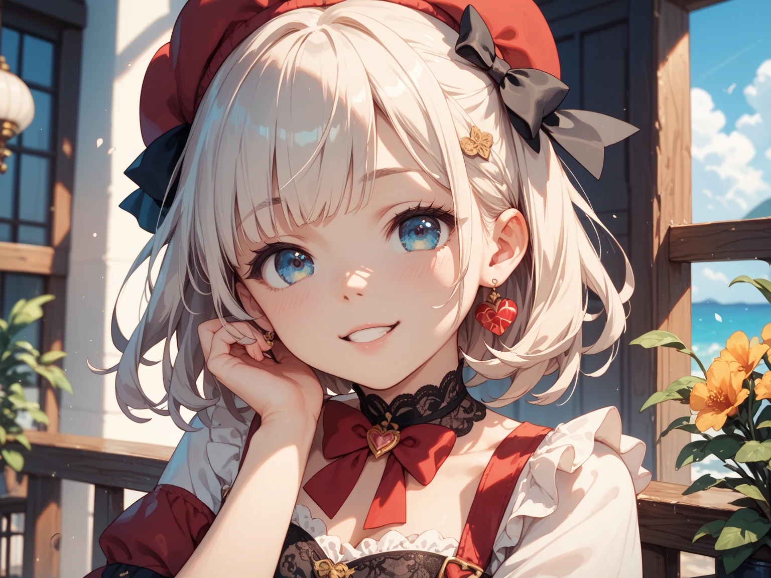 highres, masterpiece, perfect ligthing, bloom, cinematic lighting, skinny, petite, perfect skin, female, looking at viewer, upper body, close-up,(small breasts), blush,big yellow eyes, wooden house, wooden floor,photo \(object\), photo board, japanese indoors, <lora:Ares_v1:0.7>,Ares, smile,<lora:style_gomzi:0.3>,covered_ears, hand_out_of_frame
