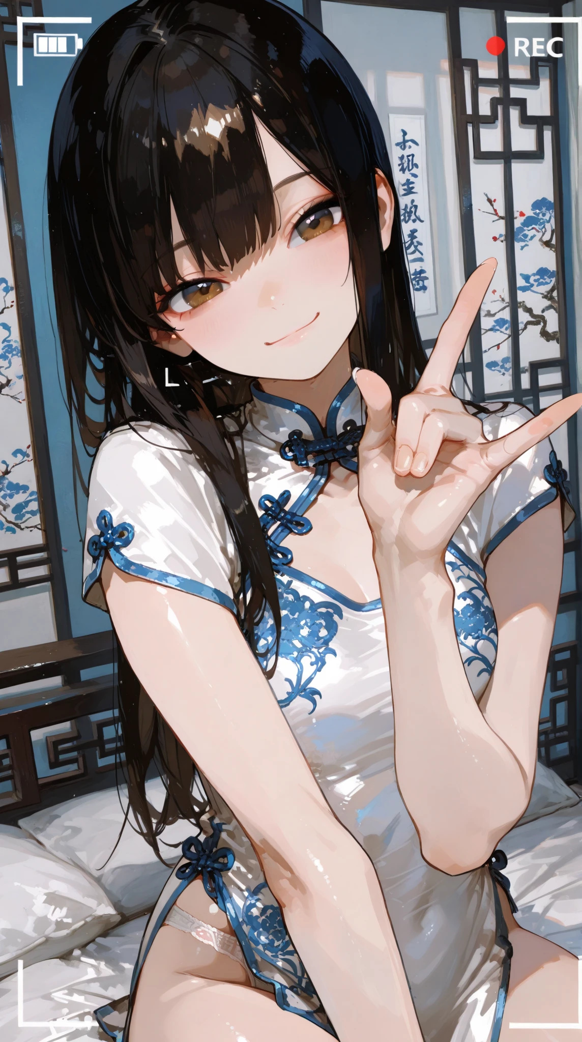 (Realistic:1.3), (photoRealistic:1.2), (highest quality:1.1), (Detailed skin:1.3), (Intricate details), One woman, 19 years old, Detailed skin texture, (blush:0.5), Scattered beneath the surface, smile, Black Hair, Straight Hair, medium Long Hair, bangs, Hair between the eyes, Reduce hair volume, Sparkling blue eyes, Lens Eye, Light reflection in the eyes, Symmetrical eyes, looking at the camera, (Depict from vagina to head) , hair ornaments, Close-fitting clothing, Wearing China dress, Side slits, (China dress), Floral prints, A woman has two legs, Two arms, Five fingers, Two joints in the fingers, barefoot, (((In the study))), ((vagina)), (Functional), (((finger in vagina))), Spread her legs very wide, open her vagina by her fingers, (whitish beige g-string panty), Separate panties and clothes, (hem of the dress to the side), both hands position is her vagina