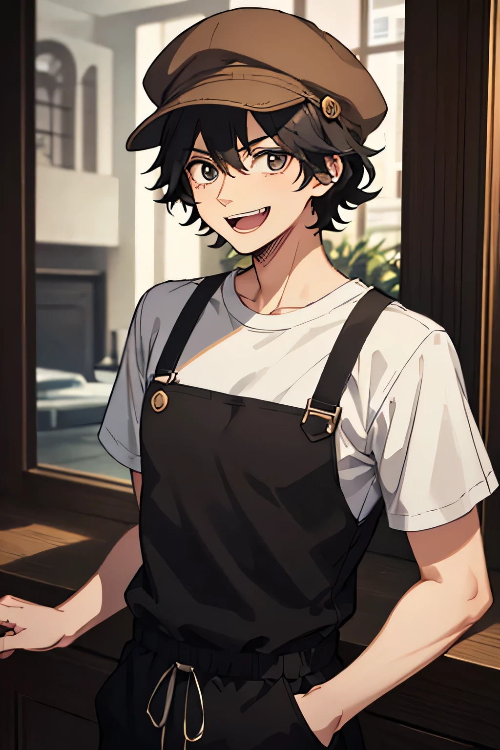 19 year old man, Indonesian, genius, a criminal, not too tall body around 170 cm, black hair, slightly curly hair, black eye color, evil laughing face, wearing a brown flat cap, wearing a black overall men jumpsuit, white t-shirt, facing forward, looking forward, half body, hd