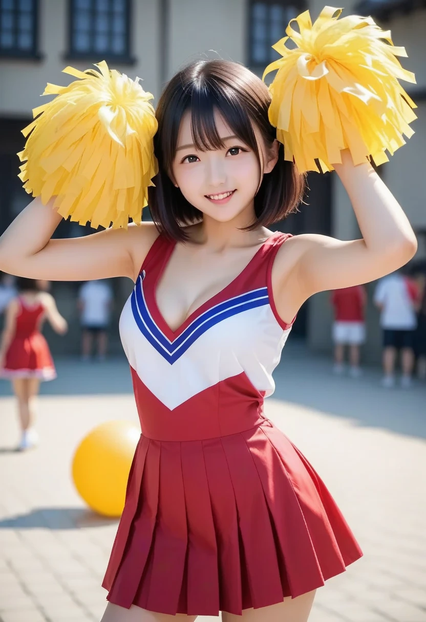 （8k、live-action、Raw photo、highest quality、masterpiece：1.2),(Outdoors),((Perfect lighting)),(Wet hair),Watching the audience,Sexy pose, cute smile,18-year-old,student,White skin,knees,Small Face,Part the front hair from the center、The forehead is visible,skinny,skinny)、masterpiece,highest quality、超A high resolution,one person, solo,Close-up shot、cute、Back to Students,(Red cheerleader outfit:1.3),High school girl,Japanese women,（Photoreal：1.37）、Photon Mapping,Realistic、cuteSmall Face,Brown eyes、prospect、Depth of written boundary、Blurred Background、Real,(I can see the front hair), hair, I can see the knees, thigh,(Nogizaka Idol), actress、Big and ample breasts、Cleavage、Super fine、Low people、(Skin with visible pores:1.2)、(Focus on the face)、8 heads、Natural neck、Check and correct the skeleton, (large breasts:1.8), (Slim body:1.3),(hide fingers),
