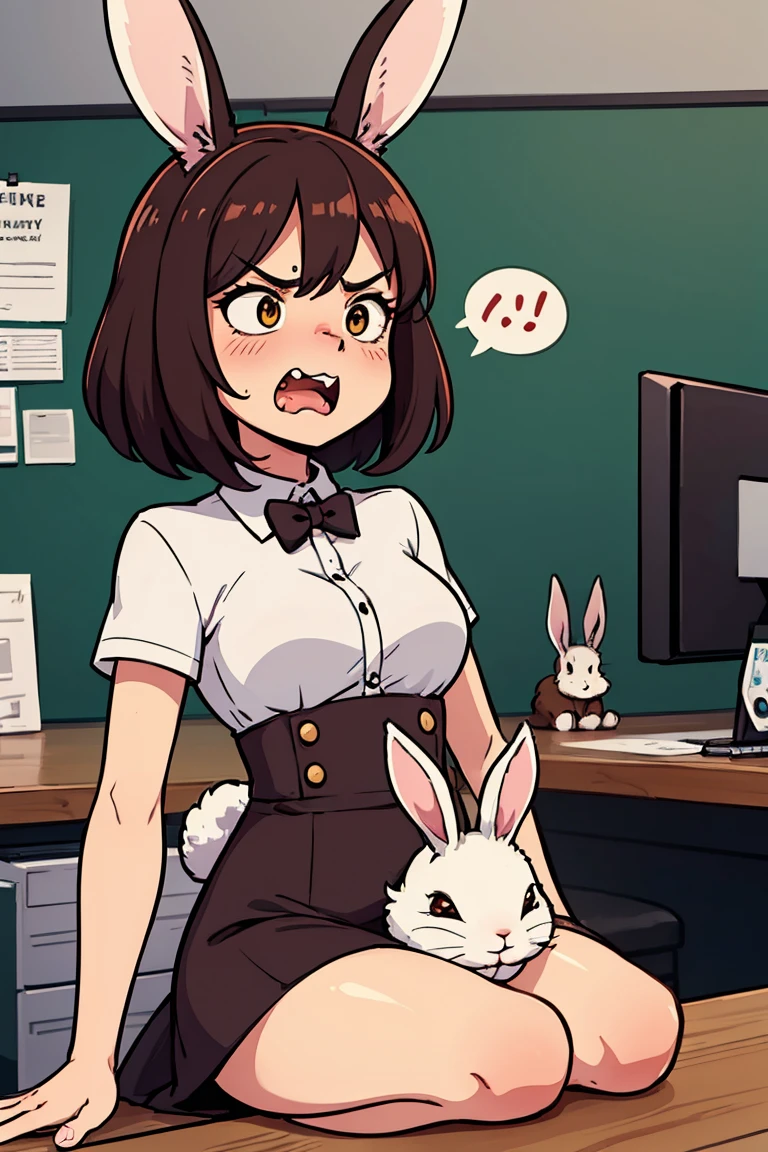 woman、 Fair skin, Light brown hair, Long Bangs, Bunny ears, Large Breasts, Thin legs, Pink Sweater, The lower half of the body is only pants、Black boots, Dark brown eyes, anime, 2D, comics、Overflowing Sex Fluids