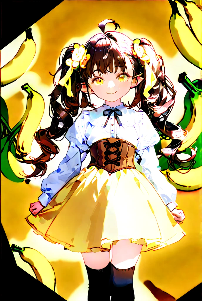 ( best quality , 8k , masterpiece ),  girl  ,   young , 1 person ,  Highly Detailed Eyes and Faces  ,  yellow twin tails with bananas on background  ,golden eyes,sagitales,  confident smile  ,  red cheeks  , (White clothes、 brown corset 、yellow skirt、Black Knee-High Socks、black boots、),flower hair ornament with ears , Hair curled vertically 