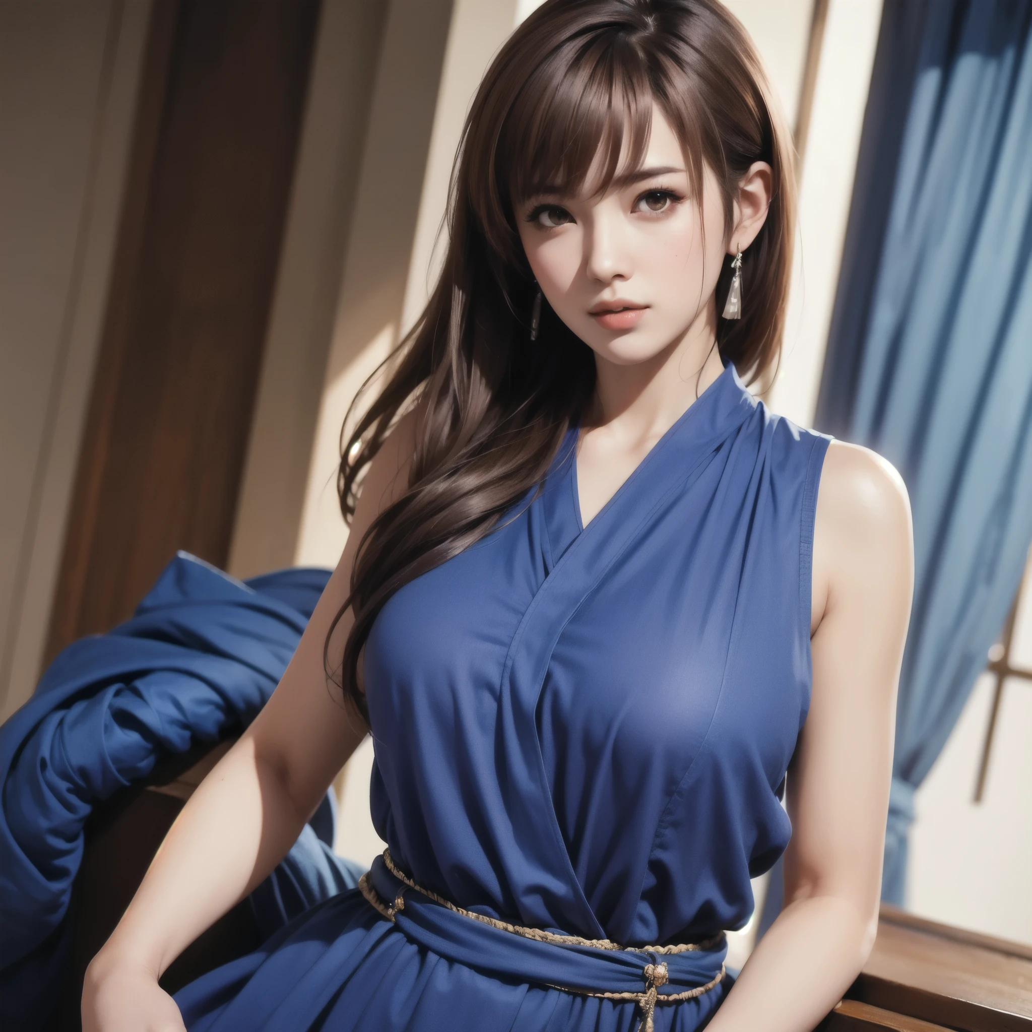 medium shot kasumi , brown hair, ekor kuda, tubuh seksi, telanjang, bugil, round big , blue clothes, obi , pelvic curtain , Solo, side lighting, shallow sharp field depth,(highly detailed),photorealistic, (karya agung), (hdr ), (wallpaper 8k)