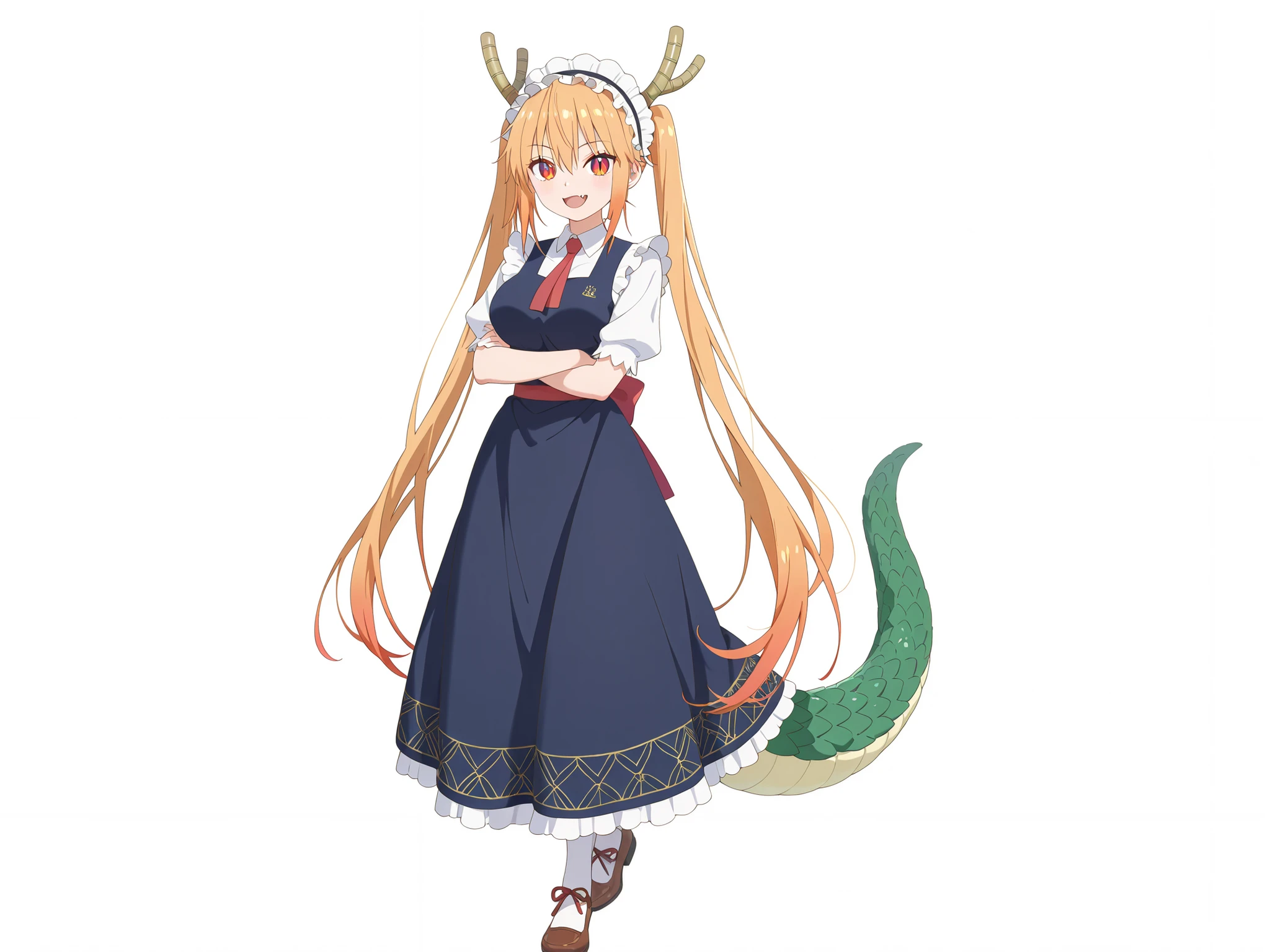 best quality, masterpiece,very aesthetic, zPDXL2,Official Art,full body、tohru, long hair, bangs, blonde hair, hair between eyes, twintails, very long hair, multicolored hair, horns, fang, gradient hair, dragon horns, red eyes, slit pupils,smile、dragon tail with crocodile pattern