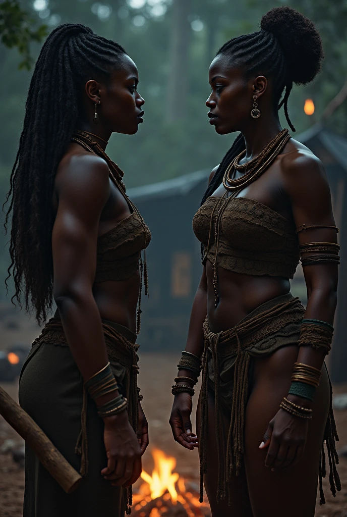 black woman, African warrior tribal clothing, The African Queen, Muscular female body, Big Tits, big ass, In a desert, dreadlocks, White hair, Amazon, armor, tribal tattoos on body, golden tribal crown
