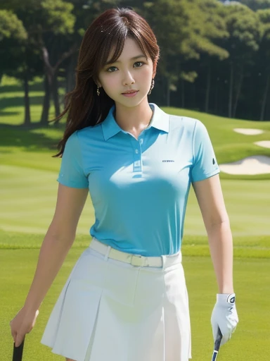 (masterpiece:1.3), High resolution, Very detailed, CG, 8K壁紙, photo-realistic, RAW Photos, (8K, Highest quality, masterpiece:1.2), (Realistic:1.4), Beautifully detailed face, Perfect and beautiful face, Beautiful and elaborate face, Accurate, Highly detailed face and skin texture, Detailed hair texture, Perfect body, (Fair skin:1.2), Beautiful eyes in every detail, Slim face and figure, Big eyes, (Glossy Lips, Natural color lip:1.4), ((Sexy sensual smile, Attractive sexy smile:1.4)), ((Beautiful woman, Random Cute Hairstyles:1.4)), ((Beautiful womanがゴルフ場でゴルフをしているシーン。She was wearing tight golf clothes.、The outfit accentuates her curves.。A fitted polo shirt on the upper body、Sleeves are short、There is a small logo on the chest。The bottoms are short pants that fit snugly against the body.、Emphasizing ease of movement while emphasizing feminine curves。Her hair is blonde、Tied up in a ponytail。She holds a golf club、Taking a pose just before swinging。The lush fairway and blue sky spread out in the background.、A refreshing landscape unfolds。Her expression was focused.、You can feel that you are demonstrating your golf skills.:1.4)), ((Full Body Shot:1.4)), (Staring at the audience:1.3), ((sexy shot looking at camera, Bold sexy pose:1.3)), (Detailed Background:1.2), Perfect dynamic composition