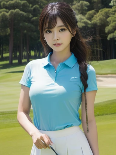 (masterpiece:1.3), High resolution, Very detailed, CG, 8K壁紙, photo-realistic, RAW Photos, (8K, Highest quality, masterpiece:1.2), (Realistic:1.4), Beautifully detailed face, Perfect and beautiful face, Beautiful and elaborate face, Accurate, Highly detailed face and skin texture, Detailed hair texture, Perfect body, (Fair skin:1.2), Beautiful eyes in every detail, Slim face and figure, Big eyes, (Glossy Lips, Natural color lip:1.4), ((Sexy sensual smile, Attractive sexy smile:1.4)), ((Beautiful woman, Random Cute Hairstyles:1.4)), ((Beautiful womanがゴルフ場でゴルフをしているシーン。She was wearing tight golf clothes.、The outfit accentuates her curves.。A fitted polo shirt on the upper body、Sleeves are short、There is a small logo on the chest。The bottoms are fitted mini skirts、Emphasizing ease of movement while emphasizing feminine curves。She holds a golf club、Taking a pose just before swinging。The lush fairway and blue sky spread out in the background.、A refreshing landscape unfolds。Her expression was focused.、You can feel that you are demonstrating your golf skills.:1.4)), ((Full Body Shot:1.4)), (Staring at the audience:1.3), ((sexy shot looking at camera, Bold sexy pose:1.3)), (Detailed Background:1.2), Perfect dynamic composition