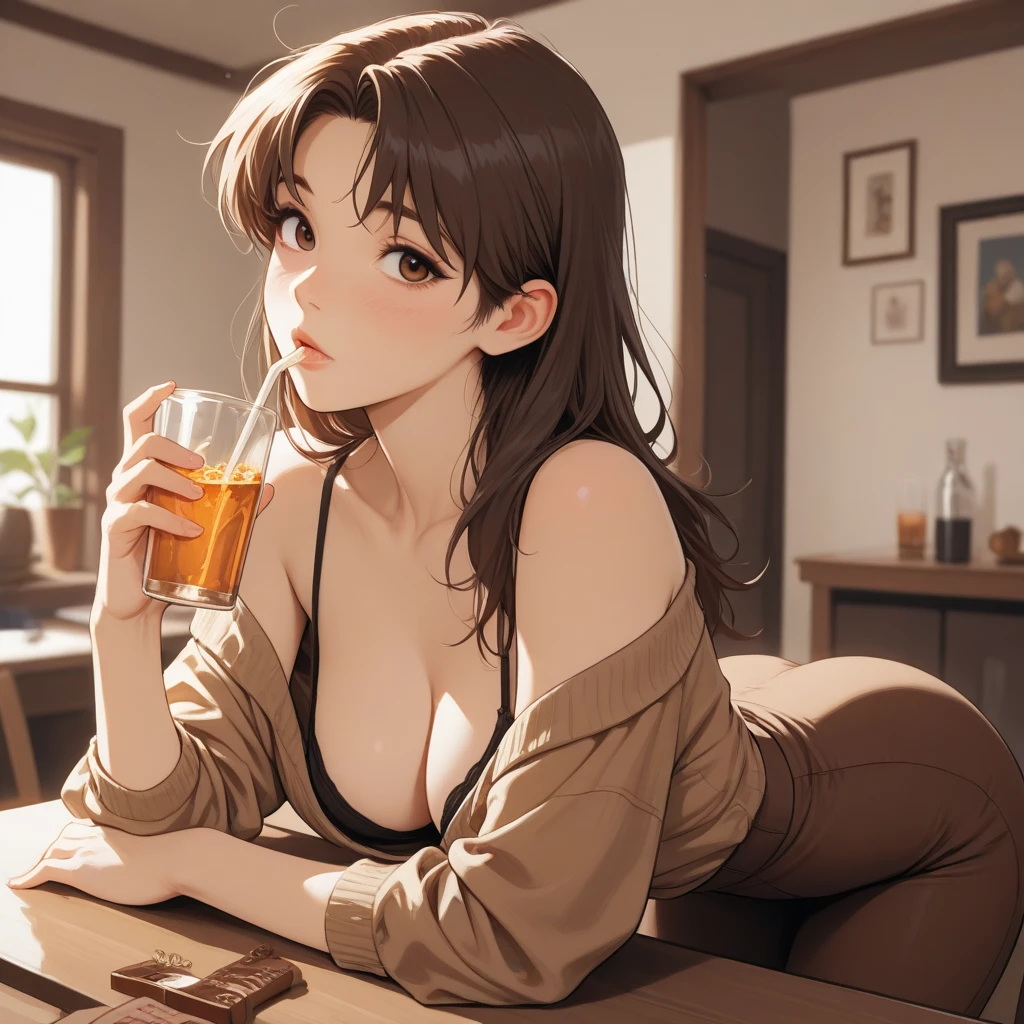 1girl, solo, (nude), big , cleavage, thighs, cafe background, (blushing:1.3)