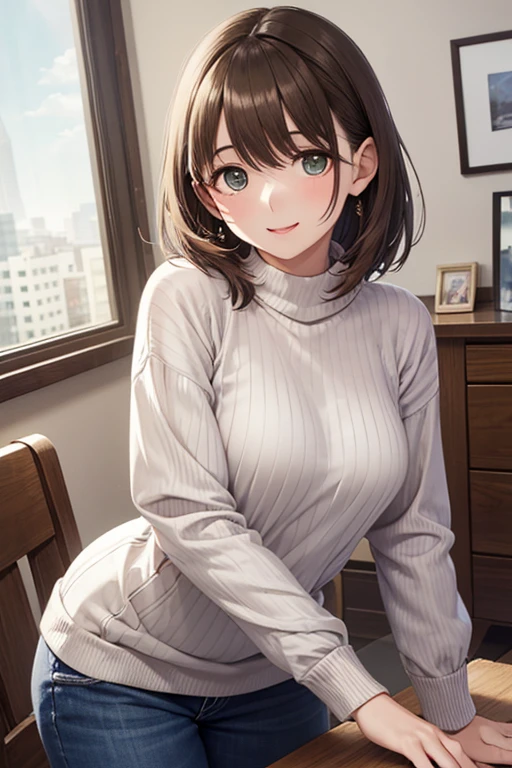1lady standing, /(oversized sweater/) v-neck, mature female, /(brown hair/) bangs, blush kind smile, (masterpiece best quality:1.2) delicate illustration ultra-detailed, large breasts pantyhose BREAK /(modern house living room/) indoors