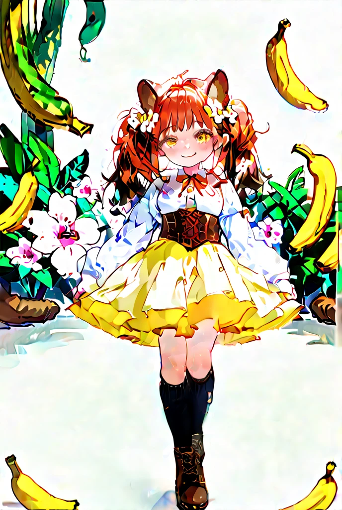 ( best quality , 8k , masterpiece ),  girl  ,   young , 1 person ,  Highly Detailed Eyes and Faces  ,  yellow twin tails with bananas on background  ,golden eyes,sagitales,  confident smile  ,  red cheeks  , (White clothes、 brown corset 、yellow skirt、Black Knee-High Socks、black boots、),flower hair ornament with ears ,