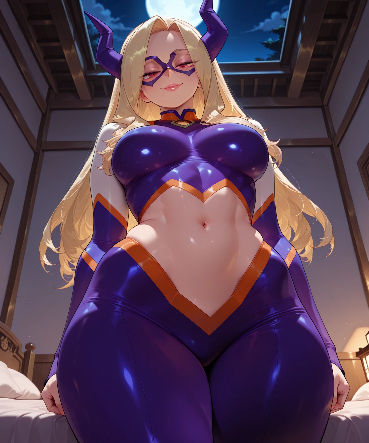 ((best quality)), ((highly detailed)), masterpiece, absurdres, (detailed eyes, deep eyes), (1girl), mirror, reflection, dynamic pose, full body, <lora:hairdetailer:.8>, <lora:mount_lady:1>, mount_lady, long hair, blonde hair, pink eyes, large breasts, (thick thighs), smiling, (bodysuit), skin tight, purple thighhighs, purple gloves, (domino mask), horns, (outdoors, at a desert, sand, dusk, shooting star)