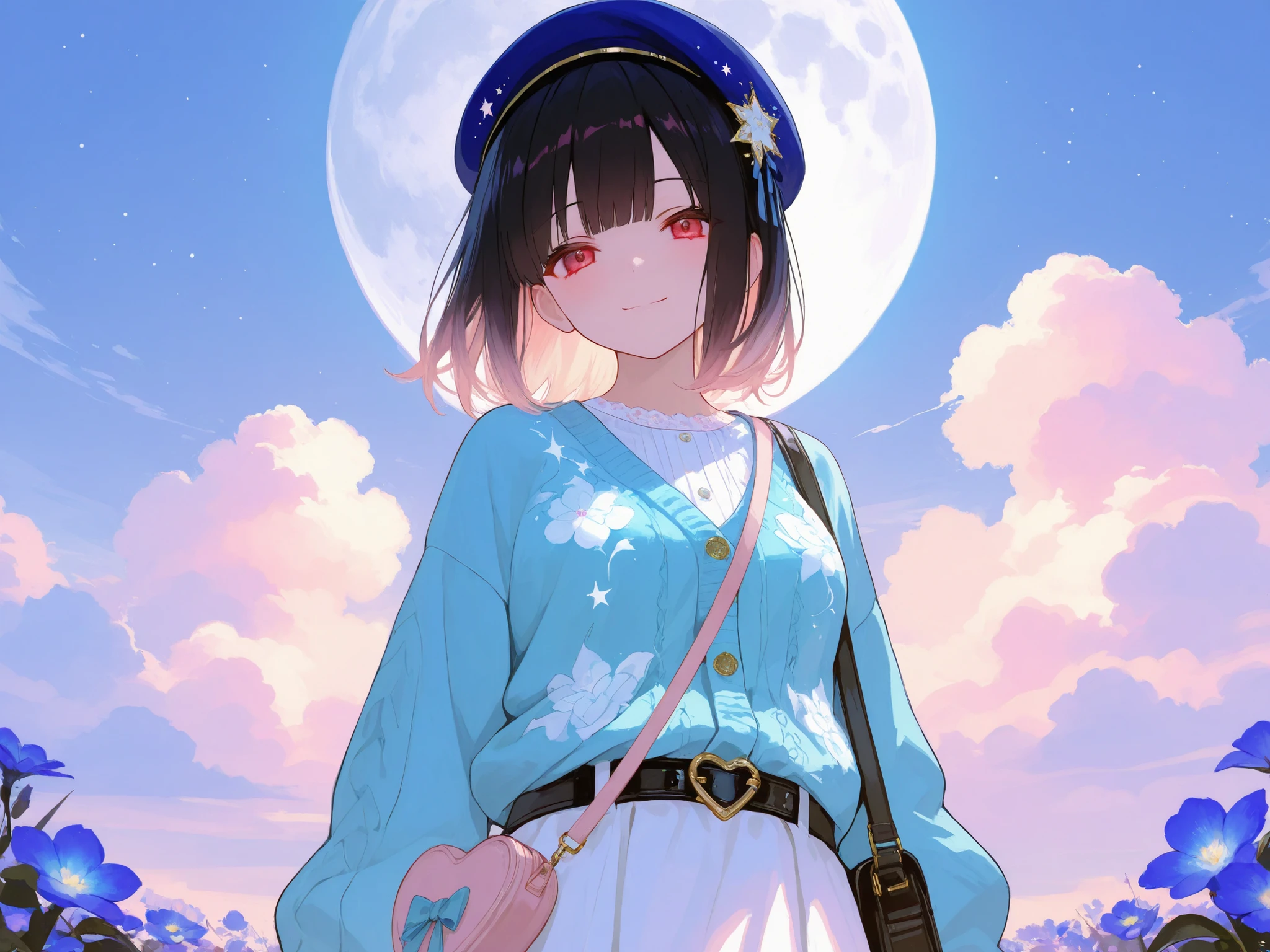 masterpiece, best quality, 8k, highres, ultra-detailed,HDR, UHD, studio lighting, ultra-fine painting, sharp focus, physically-based rendering, extreme detail description, professional, illustration,pastel,
Low Fidelity (lofi) art style,
pastel pink and purple tones,
soft orange, best quality, 1girl, pastel colors, beret, cloud pattern, blue beret, blue cardigan, cloud design, white skirt, heart-shaped belt, crossbody bag, moon and stars motif, flower accessory, closed eyes, smile, dreamy atmosphere, minimal background, light blue background, celestial theme, cute style，blunt bangs，short hair，black hair，(light red eyes:1.5)， beautiful Japanese woman, “A dreamy, ethereal landscape bathed in soft blue light, with misty mountains, glowing blue flowers, and a serene sky filled with stars — in a fantasy art style.