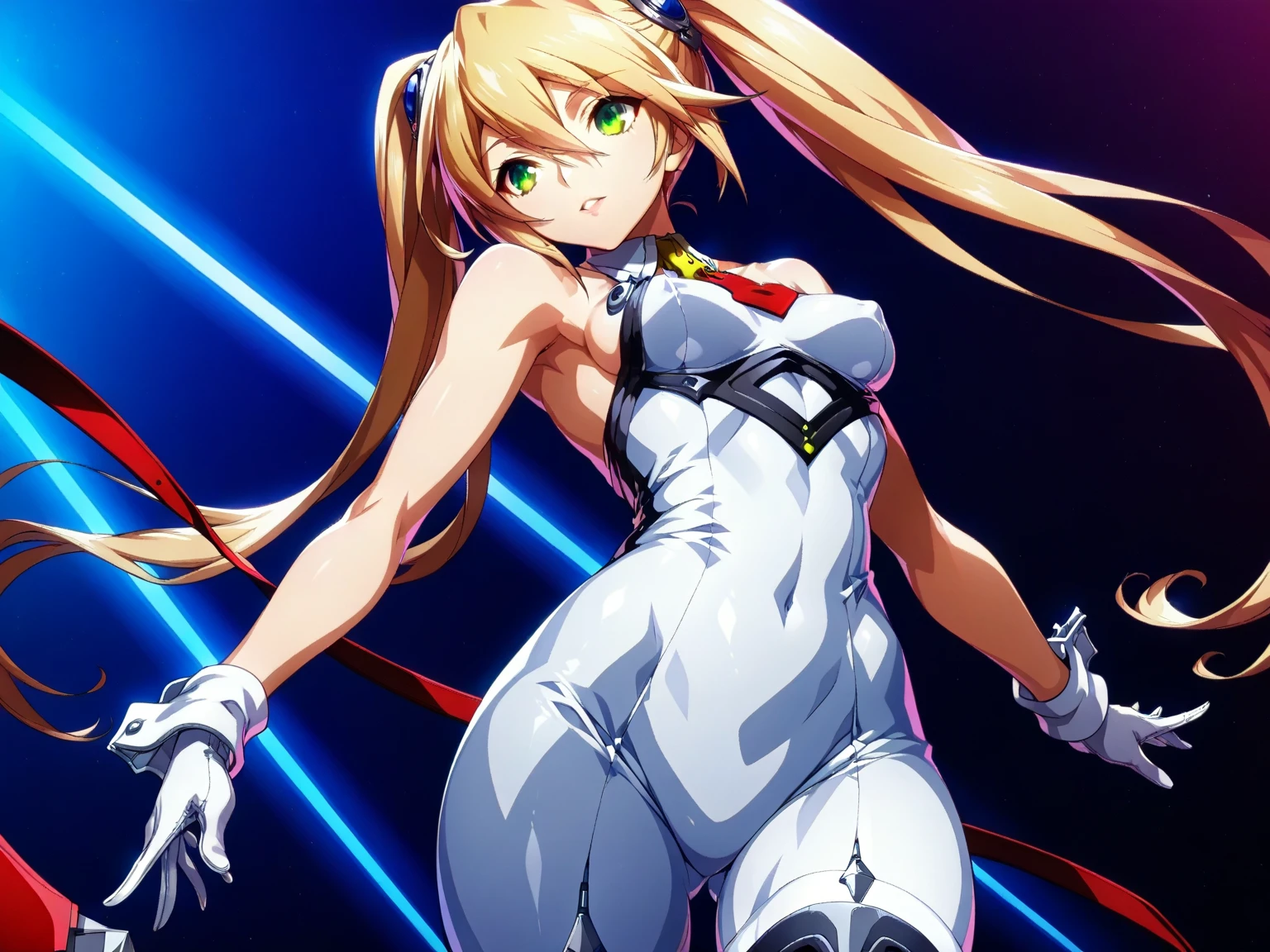 anime style, 2d, anime screencap, 1girl, blonde hair, long hair, futuristic, science-fiction, serious, white bodysuit, bodysuit, electricity, large breasts, breasts, wide hips, thick thighs, pantyhose, green eyes, tech, thigh strap, hair ornament, ornament, headphones, headset, machinery, arm cannon, tech, neon trim, hourglass figure, belt