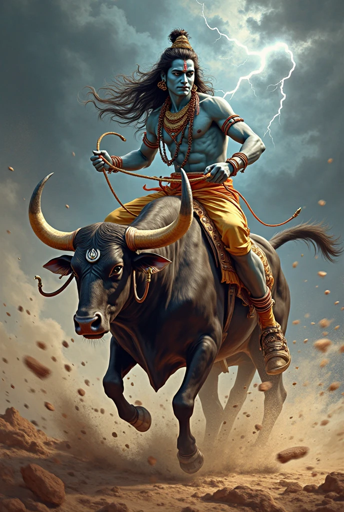 Shivji with muscular body riding on a muscular bull with trishul in lighting and rainy foggy weather without any facial hairs 