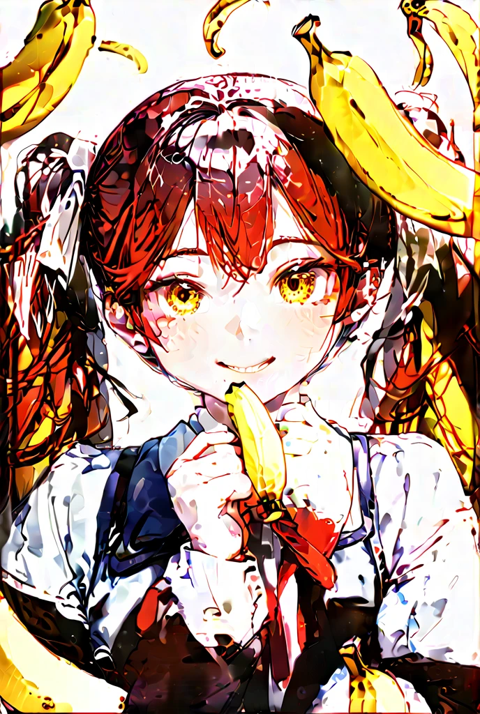 ( best quality , 8k , masterpiece ),  girl  ,   young , 1 person ,  Highly Detailed Eyes and Faces  ,  yellow twin tails with bananas on background  ,golden eyes,sagitales,  confident smile  ,  red cheeks  ,