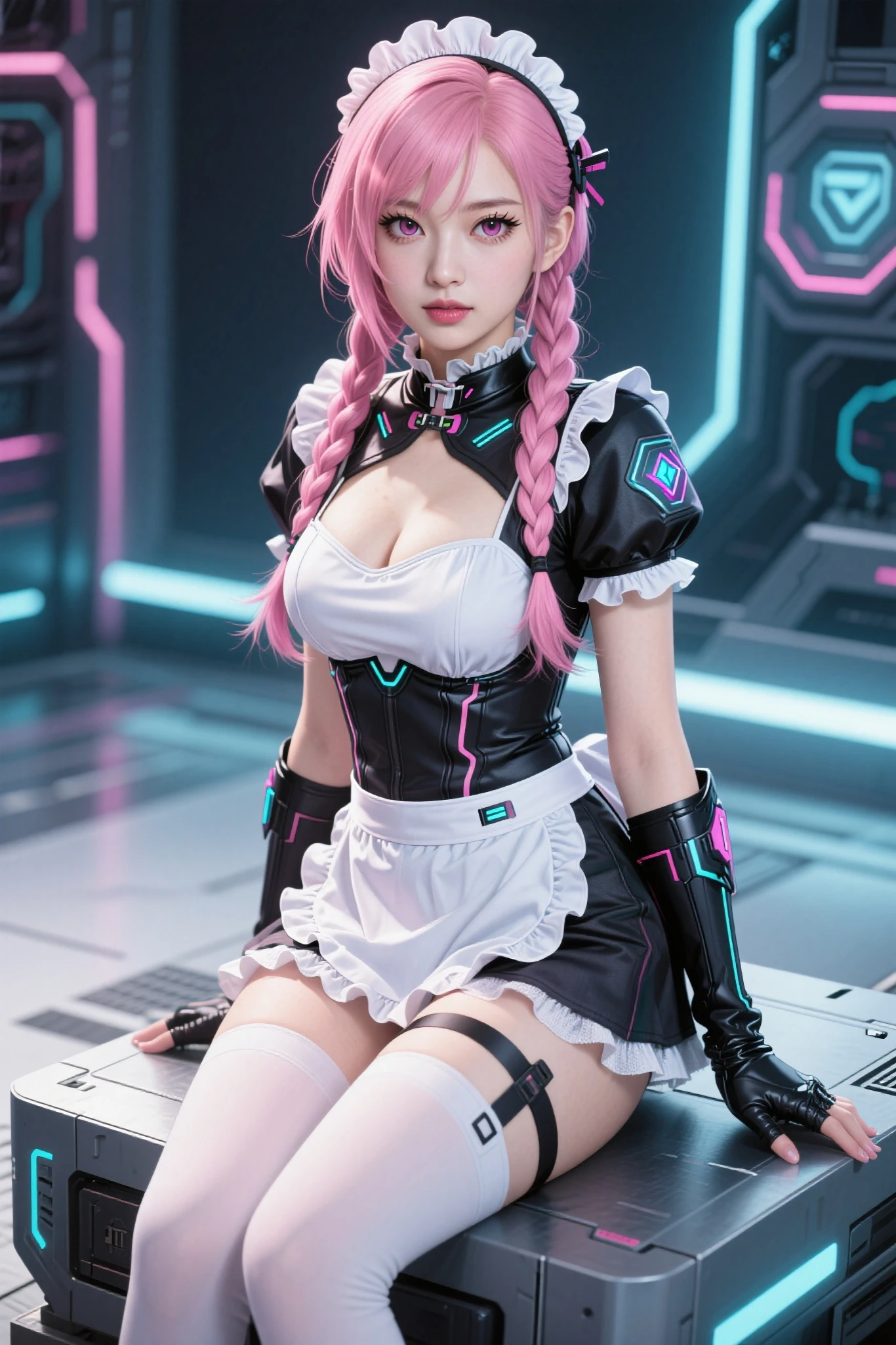 (overhead view) Cute redhead with rainbow colored hair tips, ribbons in her hair, 18-year-old woman, happy, smiling, in twin tails, perfect eyes, clear sparkling blue eyes, pale skin, silky smooth white skin, alabaster skin, flying a fancy metal luxurious space ship, futuristic cockpit, she's a pilot, outer space seen in windows, dark warm lighting, wearing a futuristic dress, low cut top, pleated (chemise) mini dress (pastel rainbow colors, and polka dots), puffy sleeves silk, wearing colorful leggings/tights.