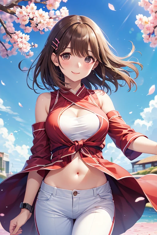 (masterpiece:1.2), (best quality), (ultra detailed), (8k, 4k, intricate), (full-body-shot:1), (highly detailed:1.2), (detailed face:1.2), (detailed background), detailed landscape, ((portrait)), (dynamic pose:1.2) pokemonhilda, blue eyes, brown hair, long hair, ponytail, 1girl, ((solo)), breasts, looking at viewer, smile, open mouth, blue eyes, brown hair, ponytail, shirt, ribbon, jewelry, large breasts, white bra, white panties, nsfw, collarbone, cowboy shot, hairband, hand on hip, index finger raised, poke ball, red hairband, poke ball (basic), bow hairband,