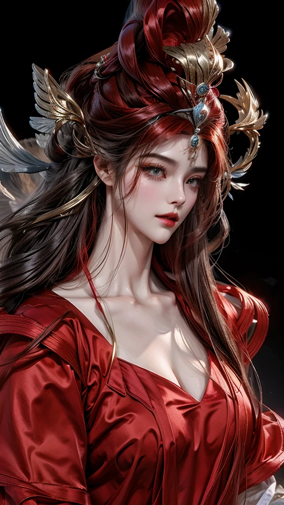intricate details, strong lighting, light particles, masterpiece, absurdres, best quality, best aesthetic, Beautiful breast, huge breast, highres, an extremely delicate and beautiful, an extremely detailed and delicat, ethereal, 1girl, solo, two tone hair, black hair, red hair, long hair, floating hair, red eyes, beautiful detailed eyes, japanese_clothes, zettai_ryouiki, embroidery, fighting pose, good hands, looking at viewer, expressionless, closed mouth, night, starry sky, star, flame scenery, incredibly absurdres, ultra detailed, high resolution, realistic lighting, photorealism, hyperrealism,masterpiece,vibrant colors,stunning visuals,ultra skin texsture,stable diffusion,perfect anatomy,crazy details