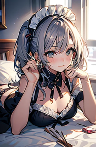 Highly detailed and realistic CG, Colorful, game cg, Best Quality, magnificent, jewel-like eyes, 1girl, solo, gray hair, long hair, twintails, hair over one eye, lolita fashion, gothic dress, frill, long sleeves, (Blue rose headdress:1.2), blue clothes, large breasts, (mole on chest:1.1), jewel, crazy smile, evil smile, (blush:1.1), open mouth, baby face, round face, powder lights, portrait, (amber eyes:1.3), hand on chest, from front, looking at viewer,