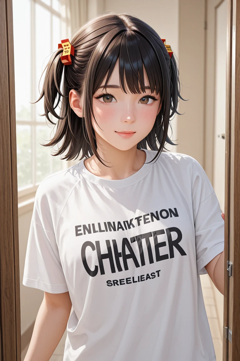 (mejor calidad, Obra maestra), 1 twenty year old woman, arms up hands behind the head, sonrisa, Laugh, Huge Oversized T-shirt, bermudas, corte de pelo pixie oscuro, pecas, rubor, mirando al espectador, cursi, ojos seductores...