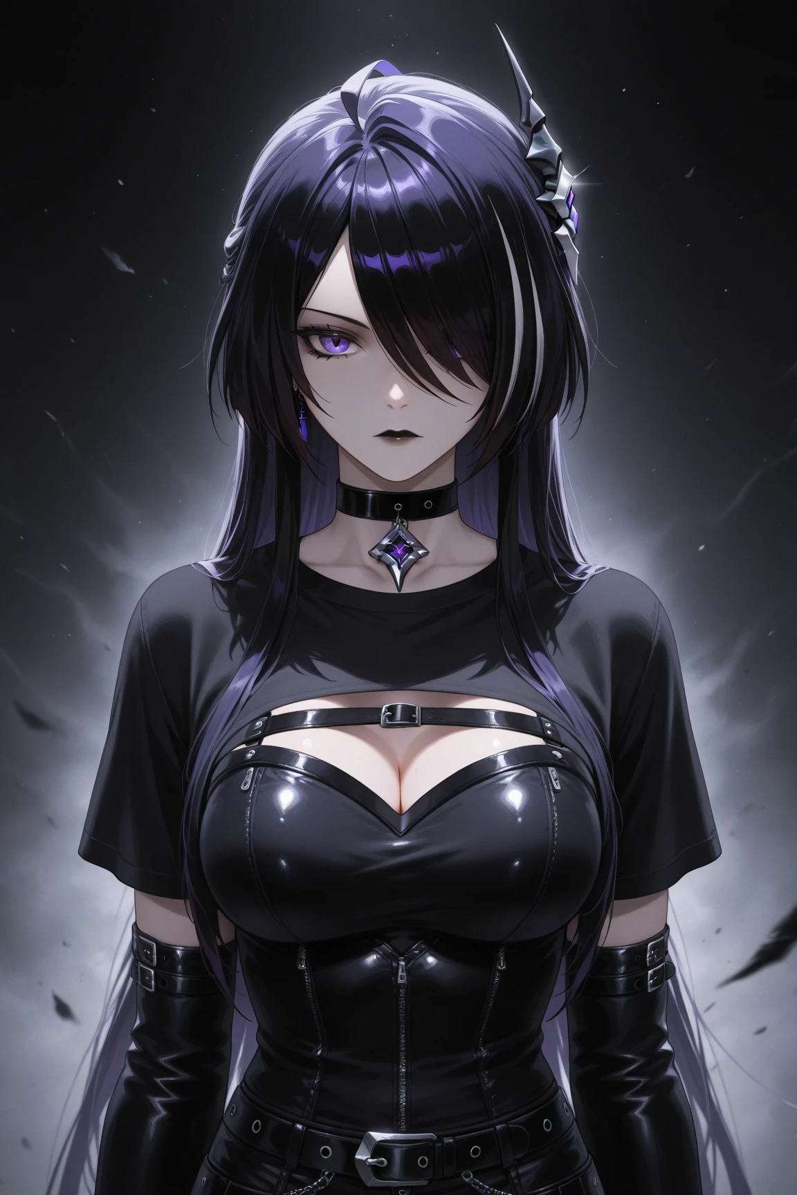 Tall mature woman, indifferent cold expression, heterochromia, purple and pale red eyes, black hair gathered in a high ponytail, open bodysuit outfit, marshal's uniform, belts, white and black clothes, goddess, divine light, pale complexion, goddess, dragon horns and tail
