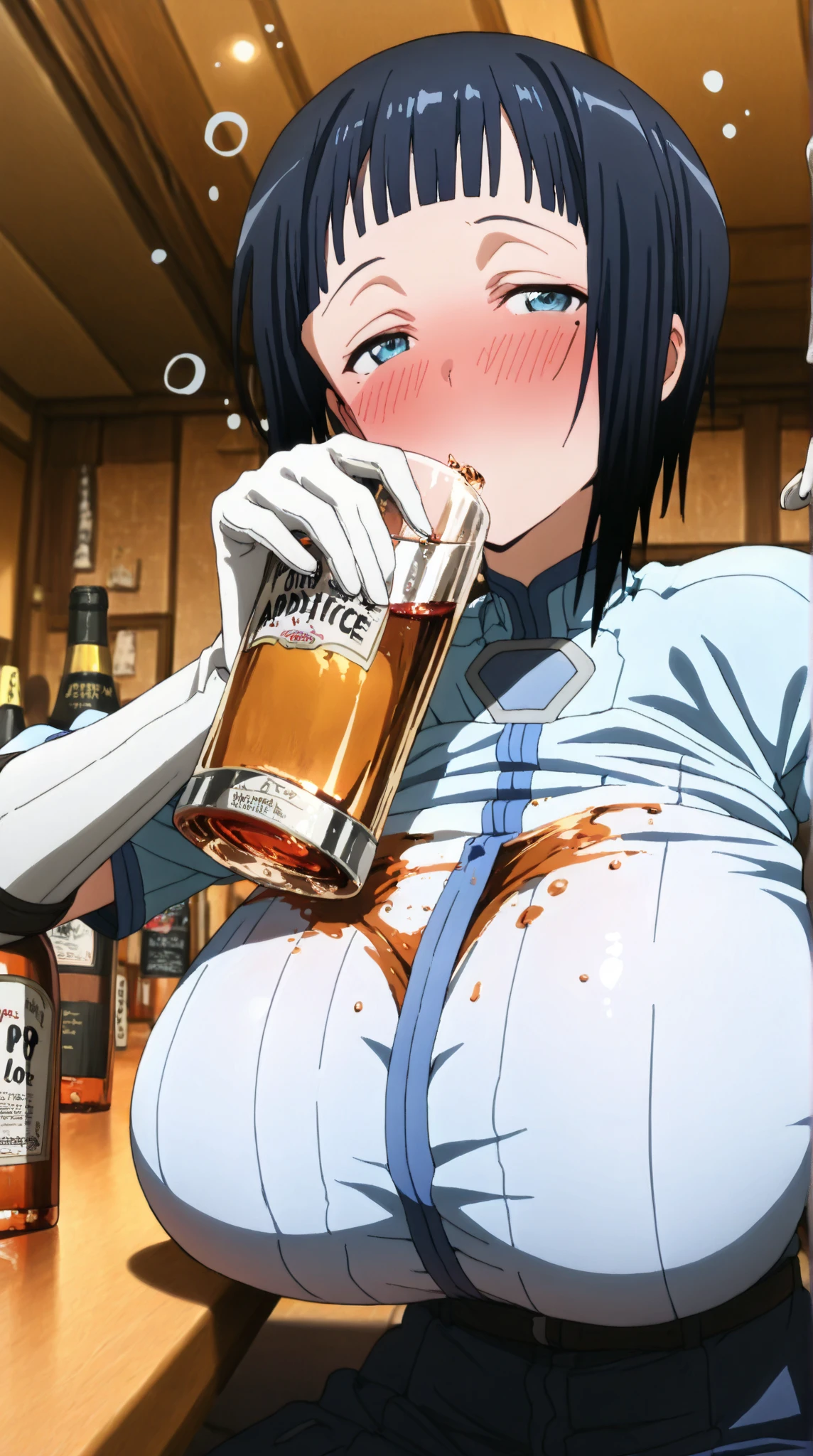 1boy,1girl,girl holding boy's penis,handjob,girl squatting on floor,black hair,woman focus,tongue out,sweaty,from side,vulgar smile,bukkake on face,sleeveless shirt,denim pants,at nightclub,excessive cum,detailed skin,armpit hair,from side,short hair,
