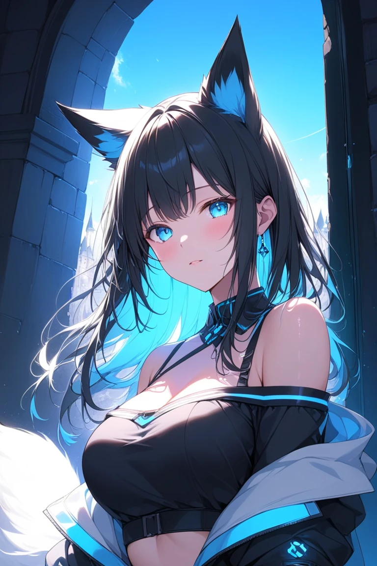 anime, cat ears , E cup, black long hair, sexy, shy, magic