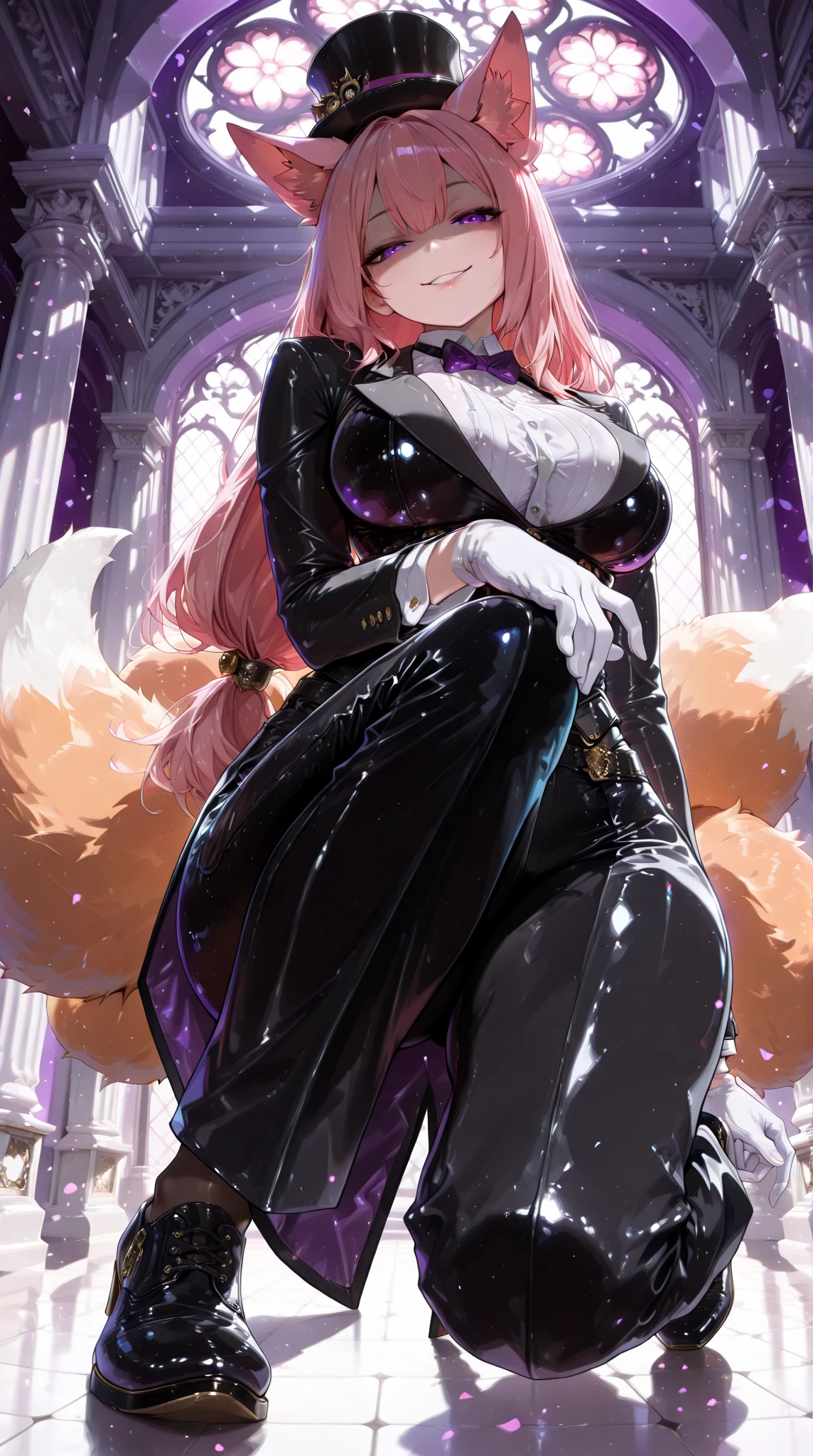 1 beautiful and seductive fox woman, solo, (incredible high resolution, masterpiece, top quality, highly detailed, CG, high quality anime drawing), (nine-tailed fox woman, butler), (top hat, butler uniform, white gloves, bow tie), (fox face, pink hair, long hair, purple eyes, half-open droopy eyes, glossy lips, shaded face, large breasts, attractive proportions, curvaceous, very beautiful and detailed face), (evil smile, predator look, smirking smile, seductive smile, sensual pose like a high-class prostitute), (super beautiful detailed background, sexy cutout, background: Western-style mansion, dark fantasy, purple lighting, rim lighting, fantastic atmosphere, perspective from below, full body image)