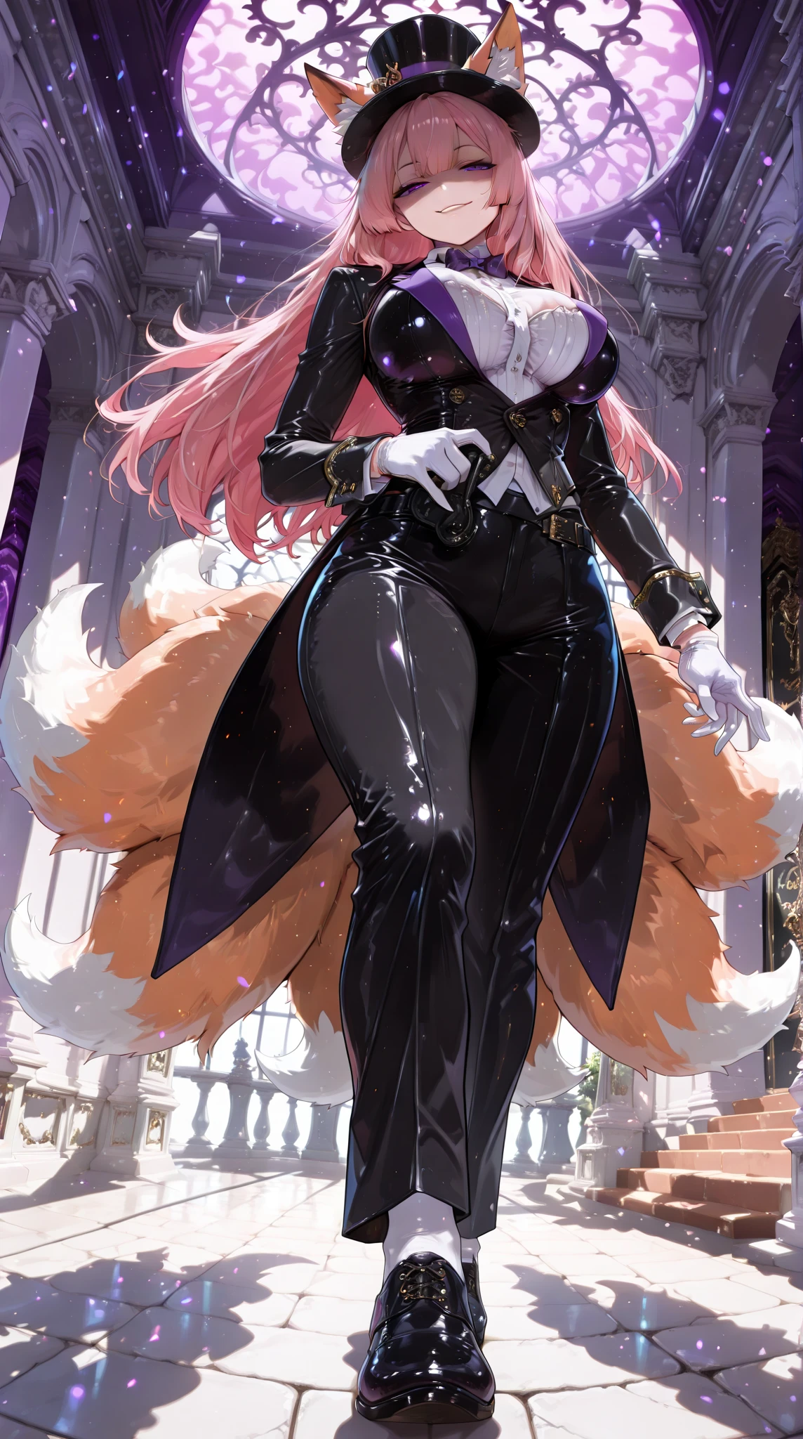 1 beautiful and seductive fox woman, solo, (incredible high resolution, masterpiece, top quality, highly detailed, CG, high quality anime drawing), (nine-tailed fox woman, butler), (top hat, butler uniform, white gloves, bow tie), (fox face, pink hair, long hair, purple eyes, half-open droopy eyes, glossy lips, shaded face, large breasts, attractive proportions, curvaceous, very beautiful and detailed face), (evil smile, predator look, smirking smile, seductive smile, sensual pose like a high-class prostitute), (super beautiful detailed background, sexy cutout, background: Western-style mansion, dark fantasy, purple lighting, rim lighting, fantastic atmosphere, perspective from below, full body image)